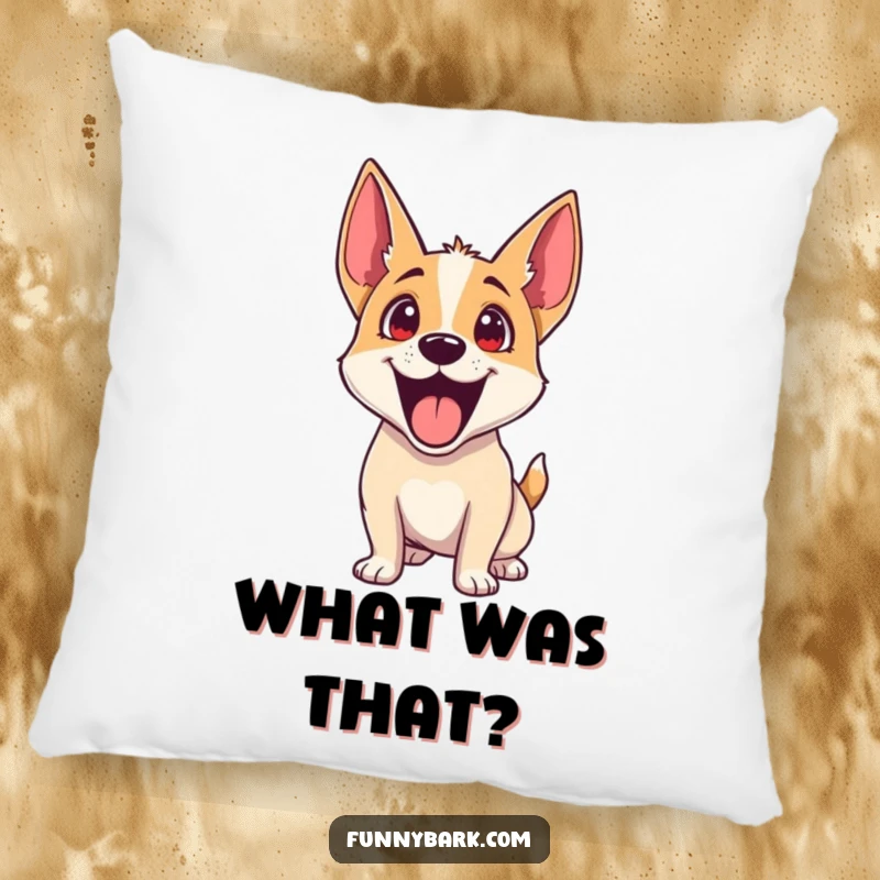 Funny Dog Pillow: A happy dog with its head tilted and ears perked, showing great excitement and anticipation.