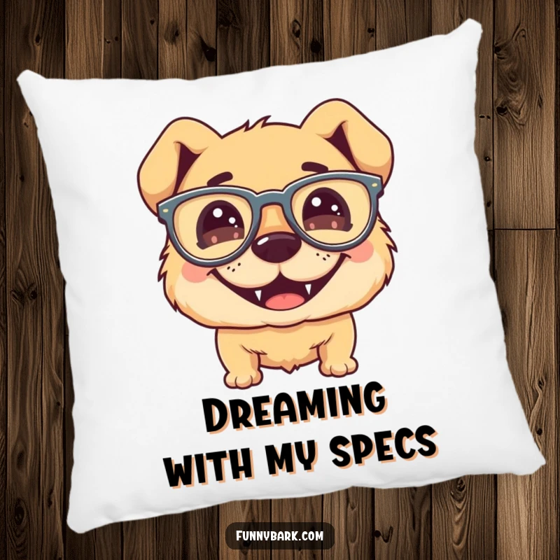 Funny dog pillow, silly grin, wearing floppy oversized glasses, soft texture, humorous and cozy decor.
