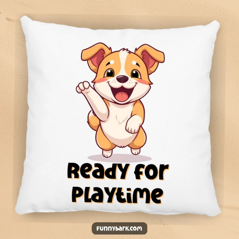 Funny Pillow: A dog jumping with excitement, mouth open in a happy bark, symbolizing fun and joy. Perfect for gifting.