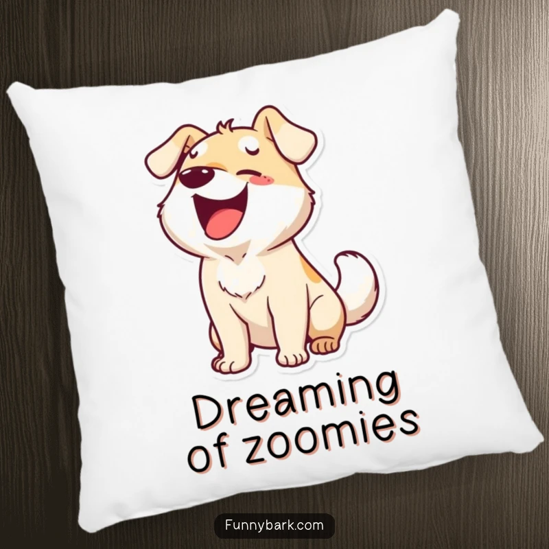 Funny pillow with a dog character barking with ecstatic energy and a wagging tail, offering soft, humorous comfort and pure joy.
