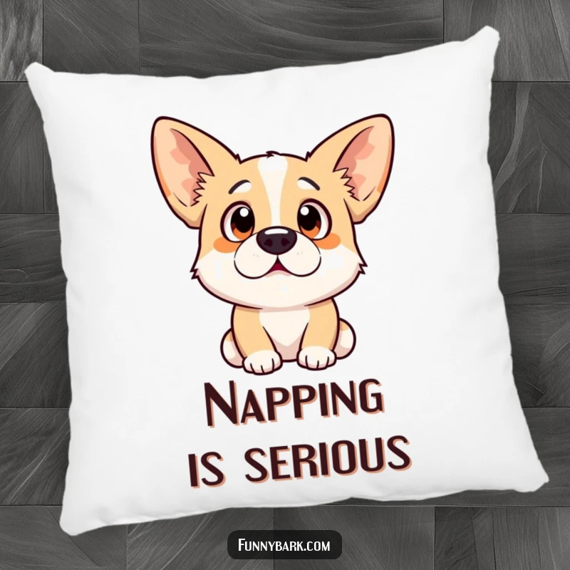 Funny dog pillow featuring a surprised expression with ears perked high, offering cozy comfort and pet-themed humor.