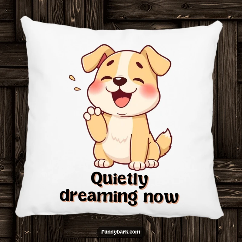 Funny pillow featuring a cartoon dog muffled bark into its paw, offering cute and humorous comfort, a delightful decor item.