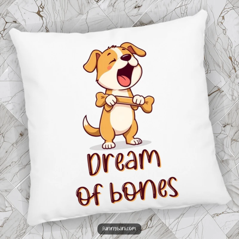 Funny pillow featuring a dog standing on hind legs, holding a bone and barking loudly, adding cozy humor and celebratory vibes.