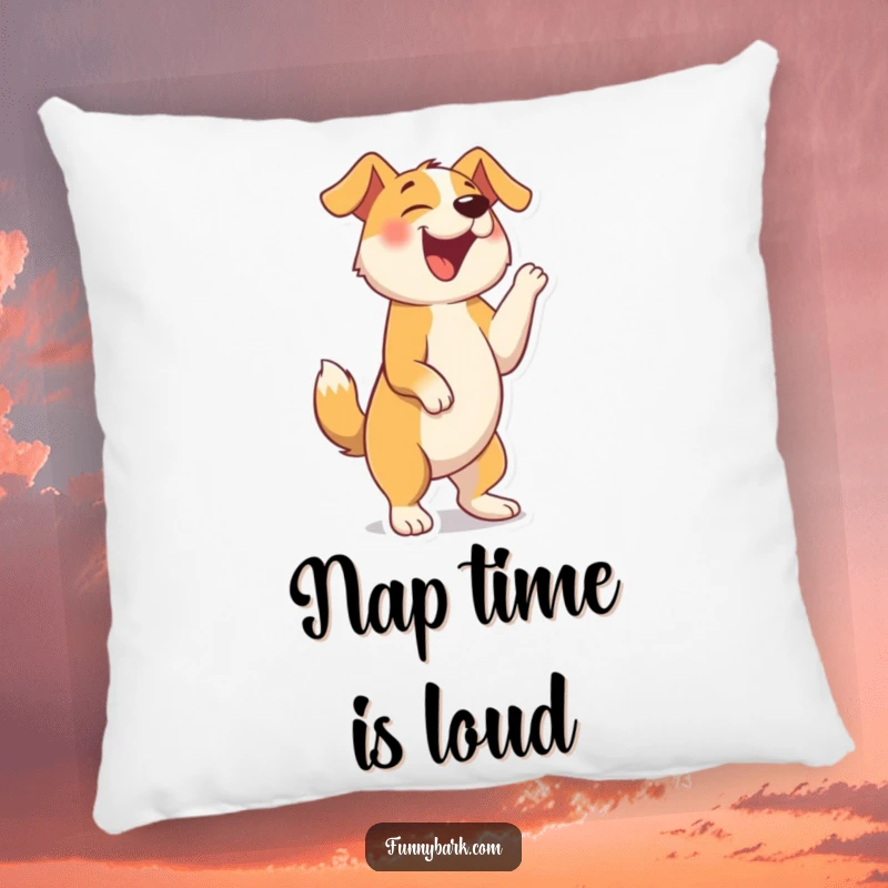 Funny pillow with a dog character standing on hind legs, barking with hilarious, unrestrained joy and playful energy.