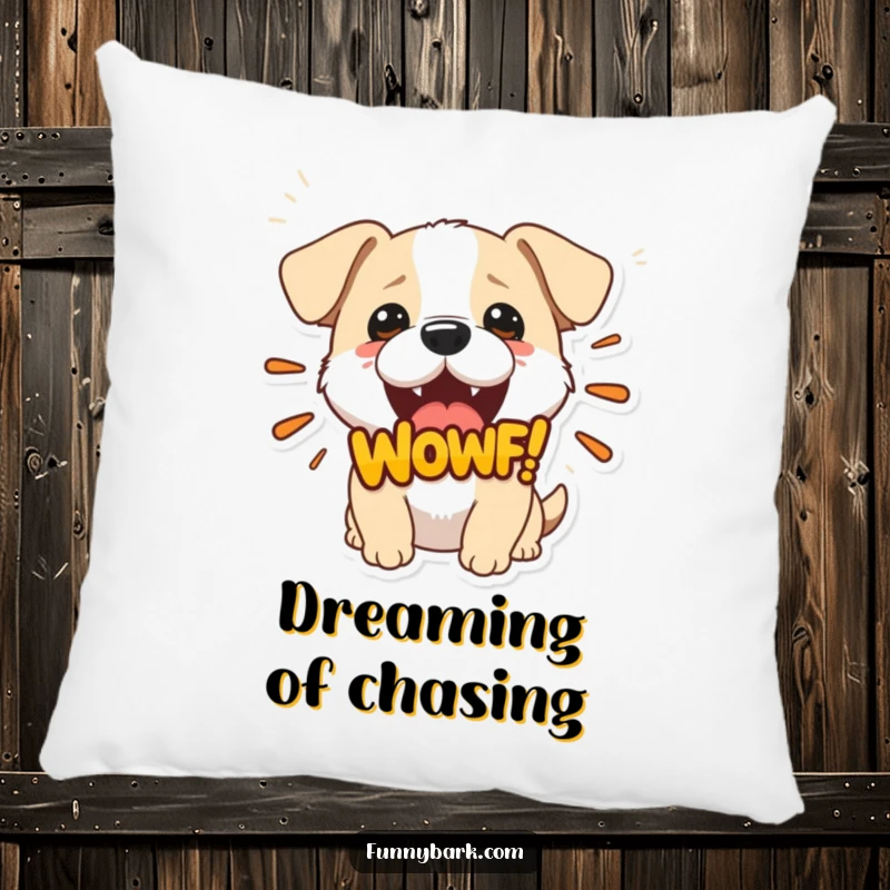 Funny pillow featuring a small dog with its mouth open, emitting a large 'Woof!' graphic, perfect for adding comfort and humor.