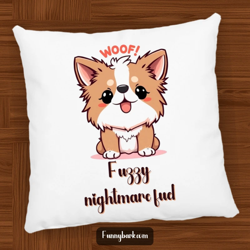 Funny Dog Pillow, a soft cushion featuring a dog with its fur on end, letting out a cartoonish WOOF!, bringing humorous comfort.
