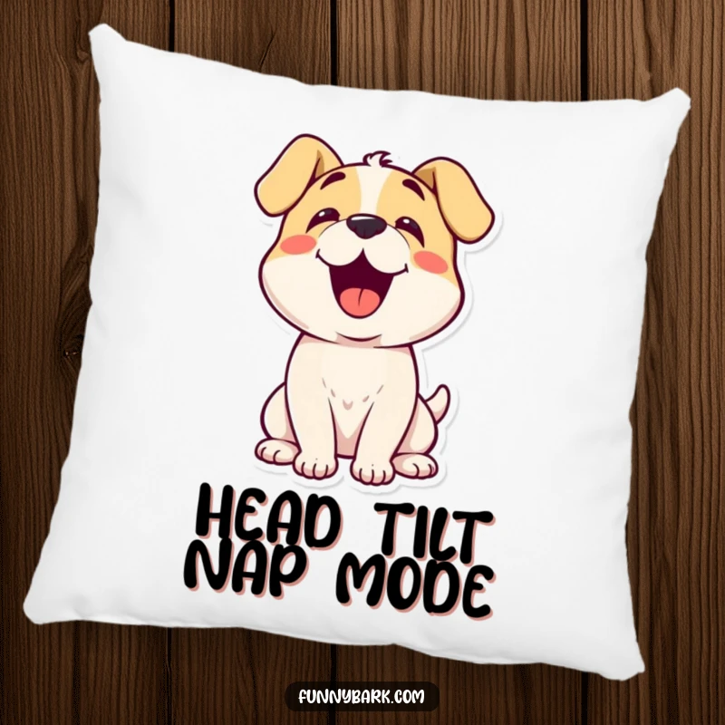 Funny dog with a curious head tilt, looking endearing, on a soft decorative pillow.