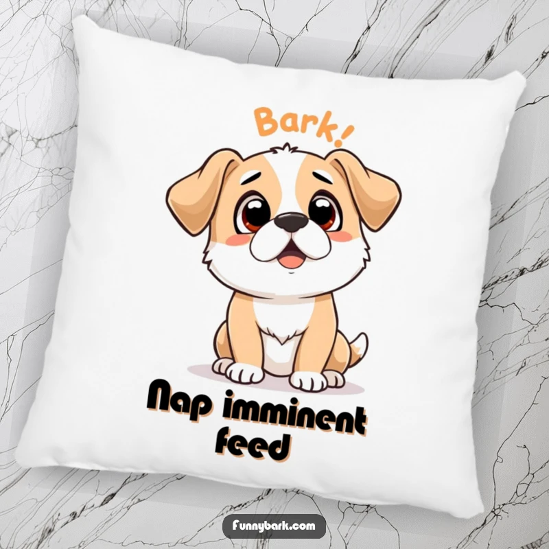 Funny pillow with a dog character looking up expectantly, 'Bark Bark' text, adding cozy humor and canine charm to any room.