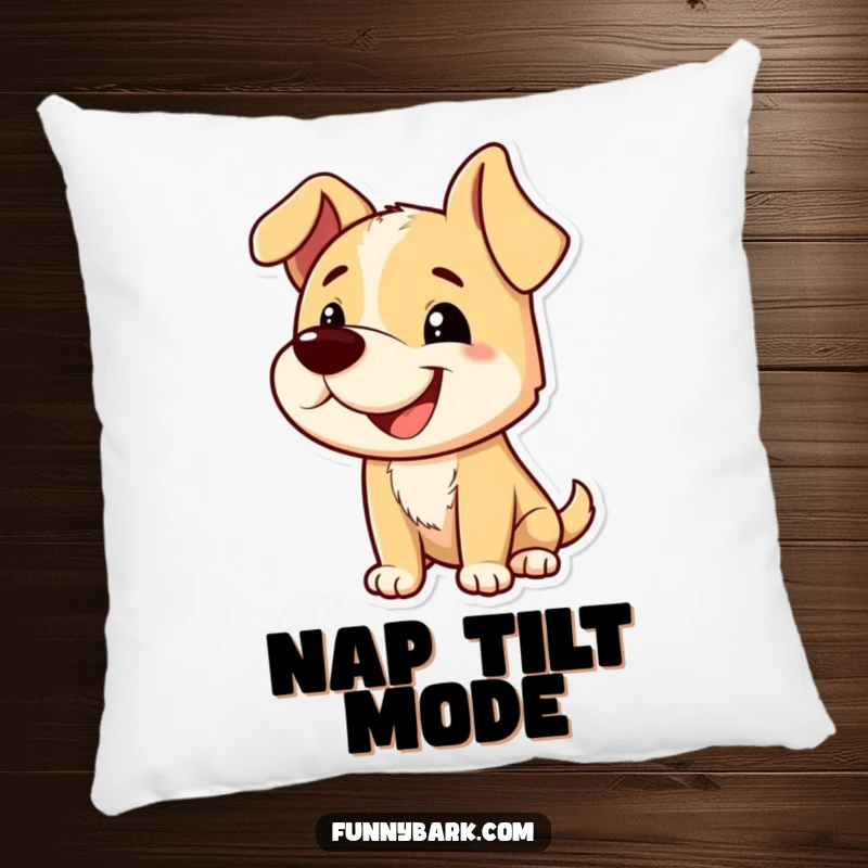 Funny pillow featuring a dog character with a playful grin and tilted head, mid-bark, offering soft comfort and a dose of comical canine charm.
