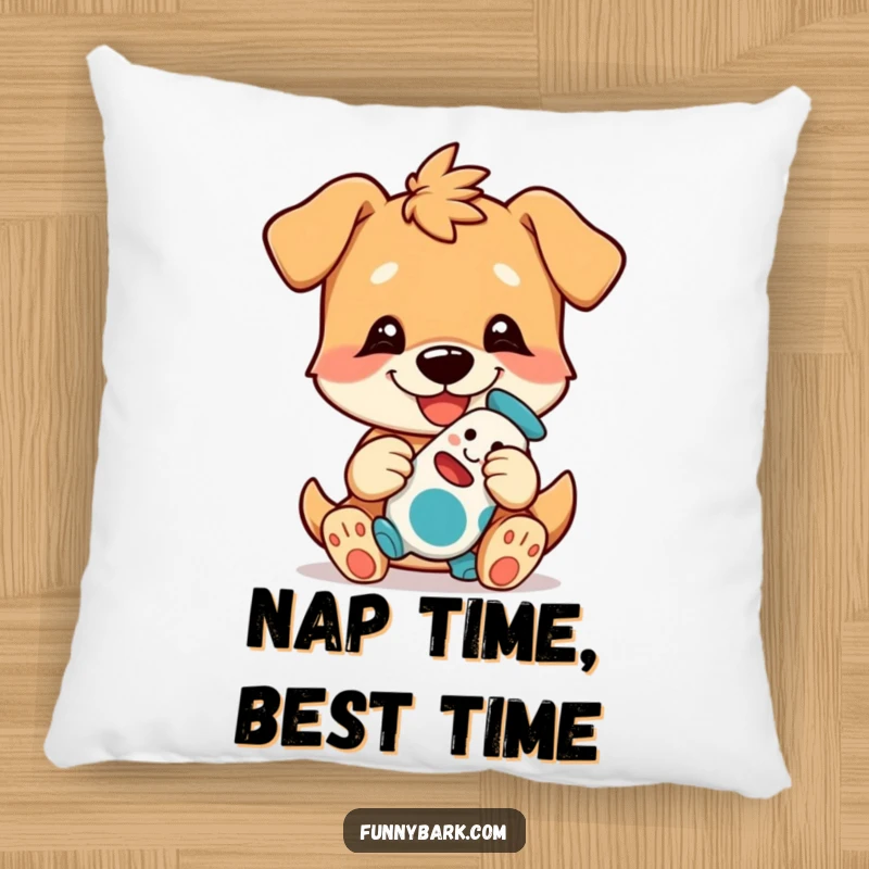 Funny Dog Pillow featuring a grinning dog character playfully presenting its treasured toy, perfect for cozying up.