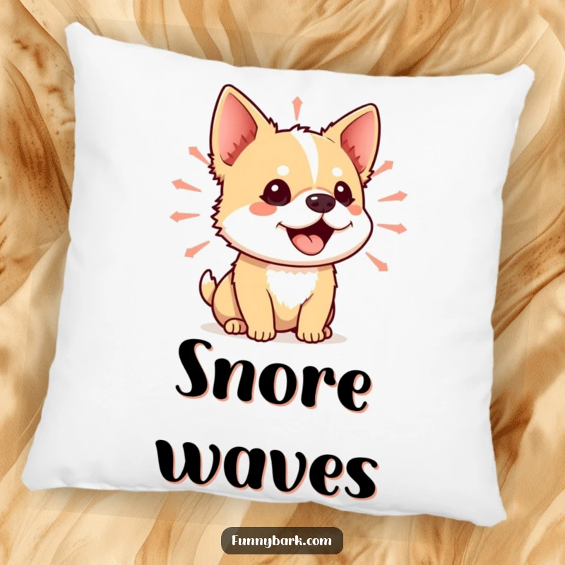 Funny pillow with a small dog mid-yip, mouth open, with vibrant sound waves emanating, offering soft comfort and humorous appeal.