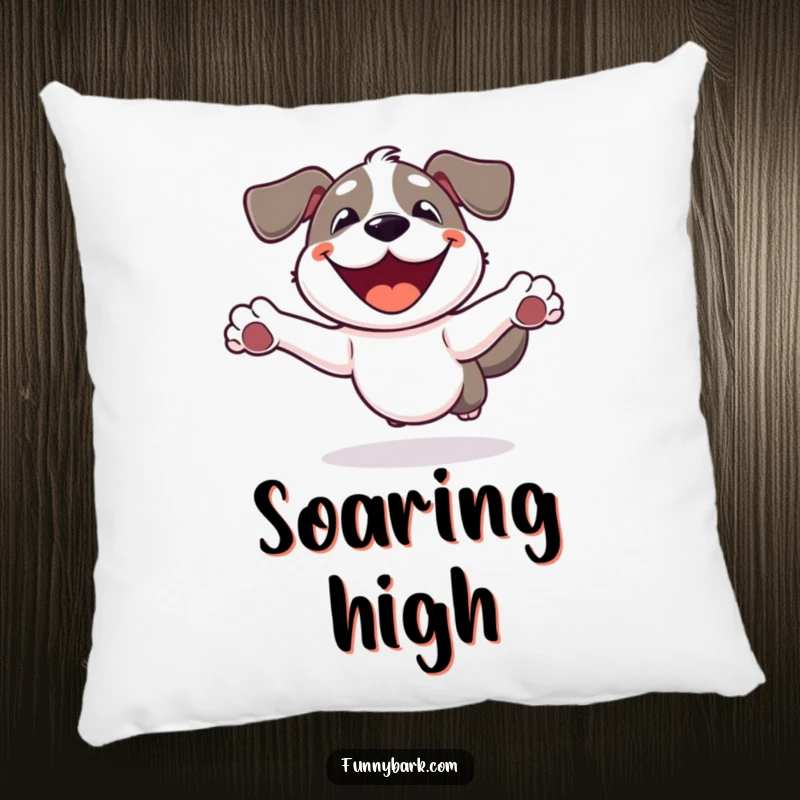 Funny Dog Pillow: A happy dog with a wide smile, enthusiastically leaping in the air, soft and cuddly.