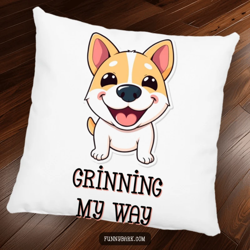 Funny Pillow featuring a dog with a wide, excited grin, appearing to shout happy greetings.