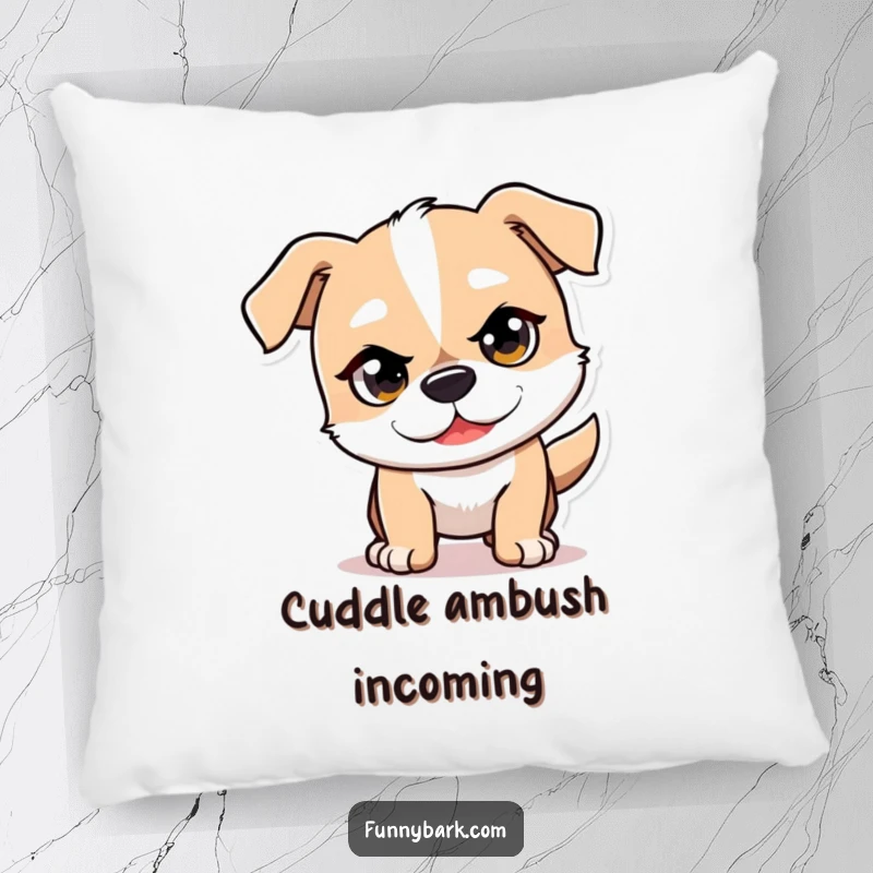 Funny Mischief Dog Pillow featuring a dog character with a mischievous glint, playfully pouncing forward.