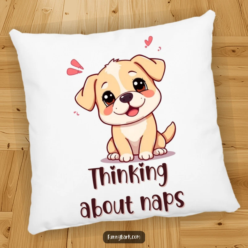 Funny curious dog pillow with head tilted, emitting playful sound waves, perfect for cozy thought.