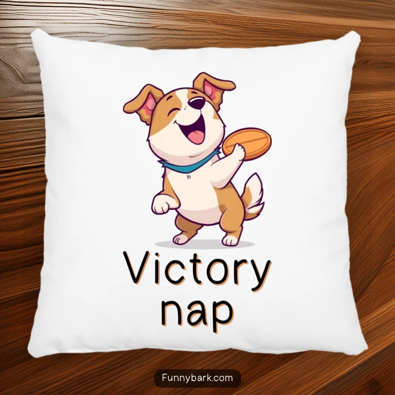 Funny dog pillow showing a happy dog barking triumphantly with a frisbee, a humorous celebration of a successful catch.