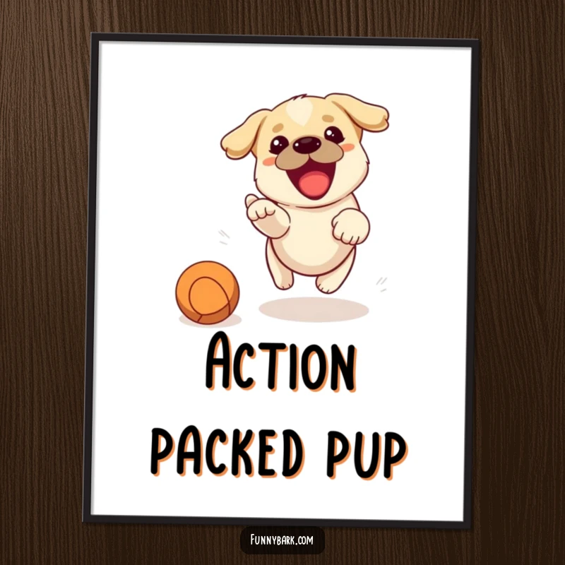 Funny digital art print of an energetic dog barking with pure joy while intensely chasing a thrown ball, symbolizing playful excitement.