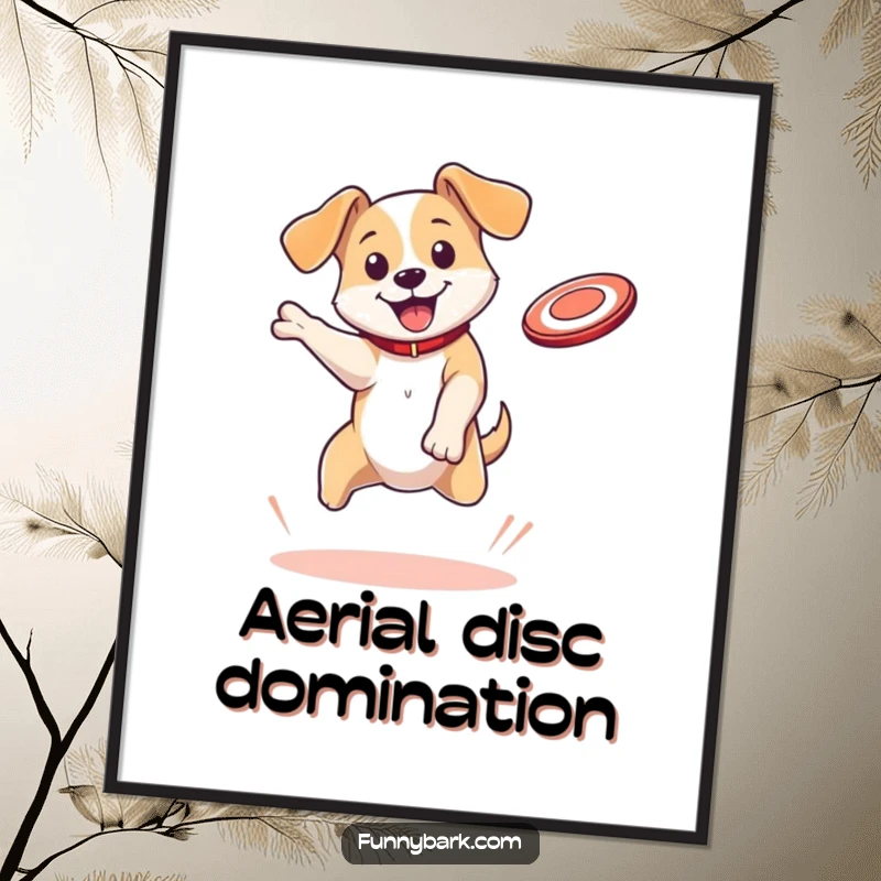 Funny Dog Digital Art Print: A bouncing dog character with floppy ears leaps high to catch a flying disc, capturing peak athletic fun.