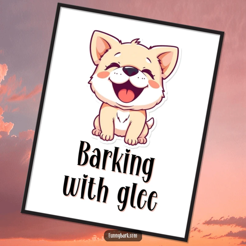 Funny digital art download of a small dog character barking with infectious, joyful exuberance, capturing pure canine happiness.
