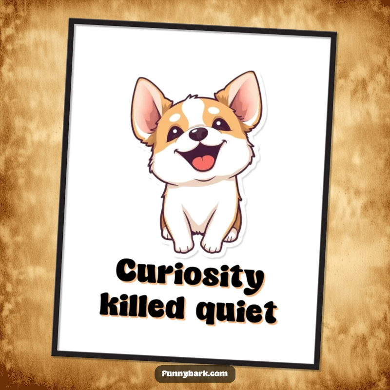 Funny digital art print of a dog's head tilted attentively, energetically yipping, ears perked, conveying curiosity and humor.