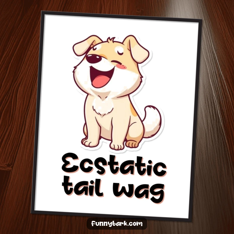 Funny digital art print of a dog character barking ecstatically and wagging its tail, capturing pure canine joy and humorous energy.