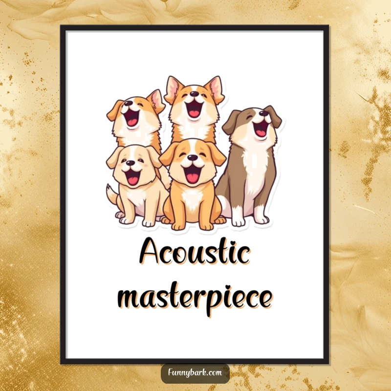 Funny digital art print of a group of dogs barking joyfully in unison, creating an explosion of humorous energy.