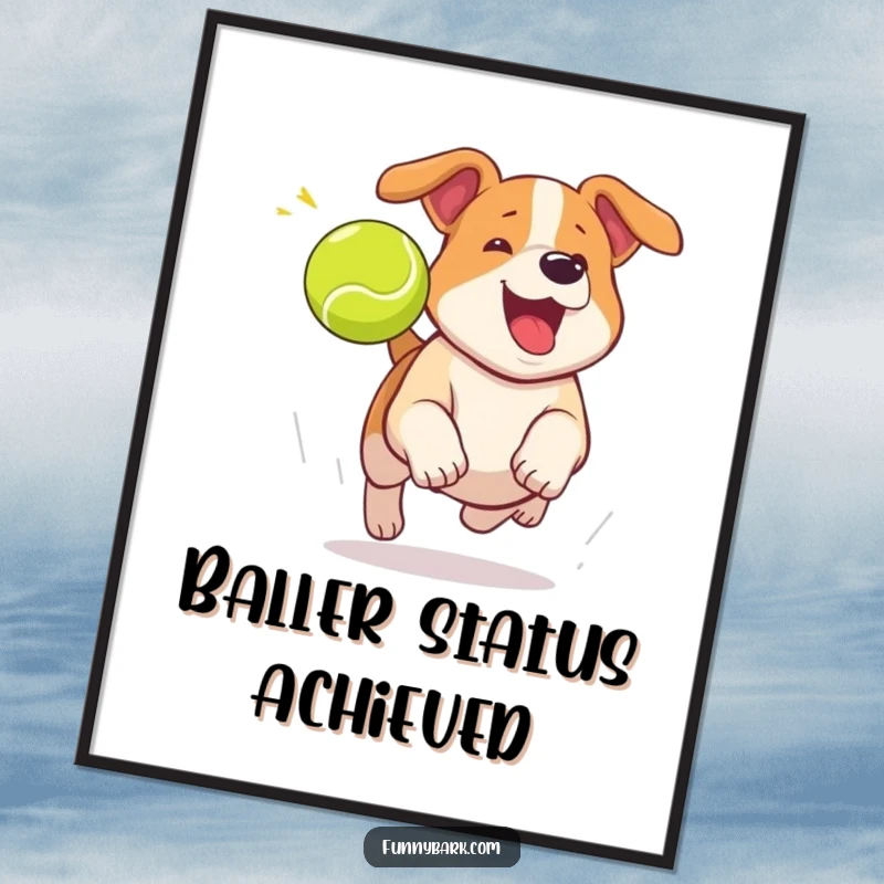 Funny dog digital art print of a dog mid-bark, excitedly chasing a tennis ball, providing instant joy.