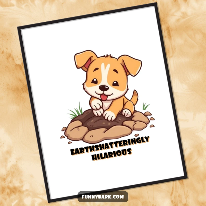 Funny dog digital art print, enthusiastically digging with paws, dirt flying, action shot, humorous wall decor.