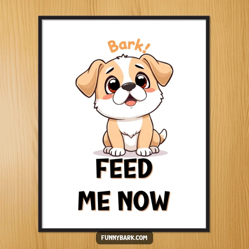 Funny digital art print of a dog character looking up expectantly with 'Bark Bark' text, perfect for instant humorous home decor.