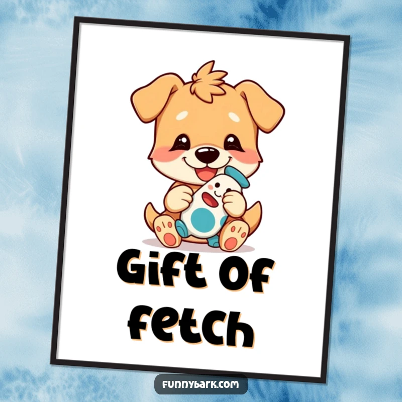 Funny Dog Digital Art Print of a grinning dog character playfully presenting its treasured toy, for instant decor.