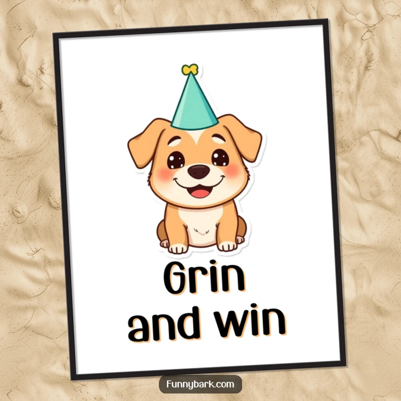 Funny dog character in a party hat with a silly grin, presented as a vibrant and humorous digital art print.