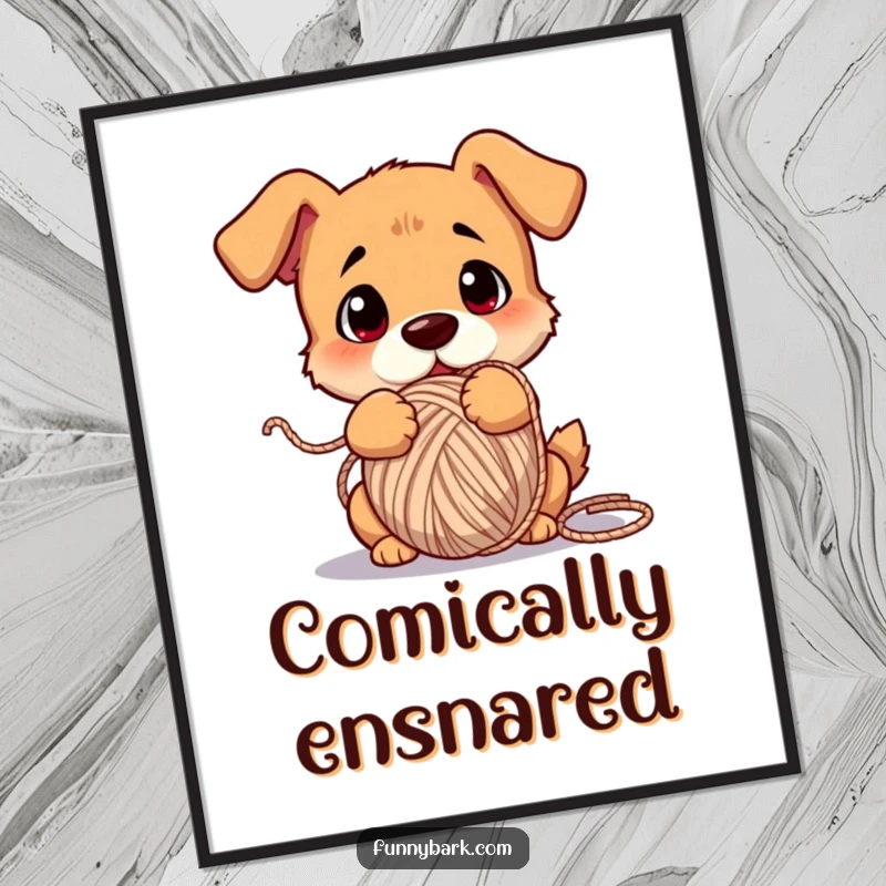 Funny dog digital art print, comically tangled in yarn, confused expression, whimsical and humorous wall decor.