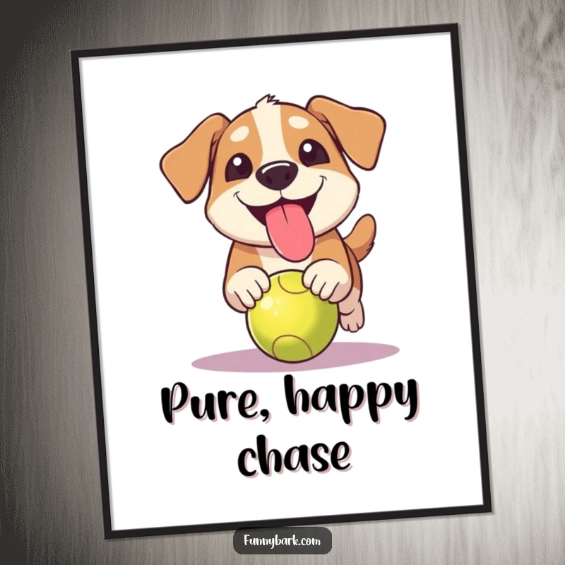 Funny grinning dog digital art print showing a dog with tongue out, comically chasing a ball, ready for printing.