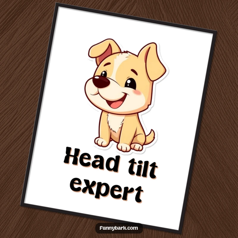Funny digital art print of a dog character with a playful grin and tilted head, mid-bark, radiating impish curiosity and charming canine energy.