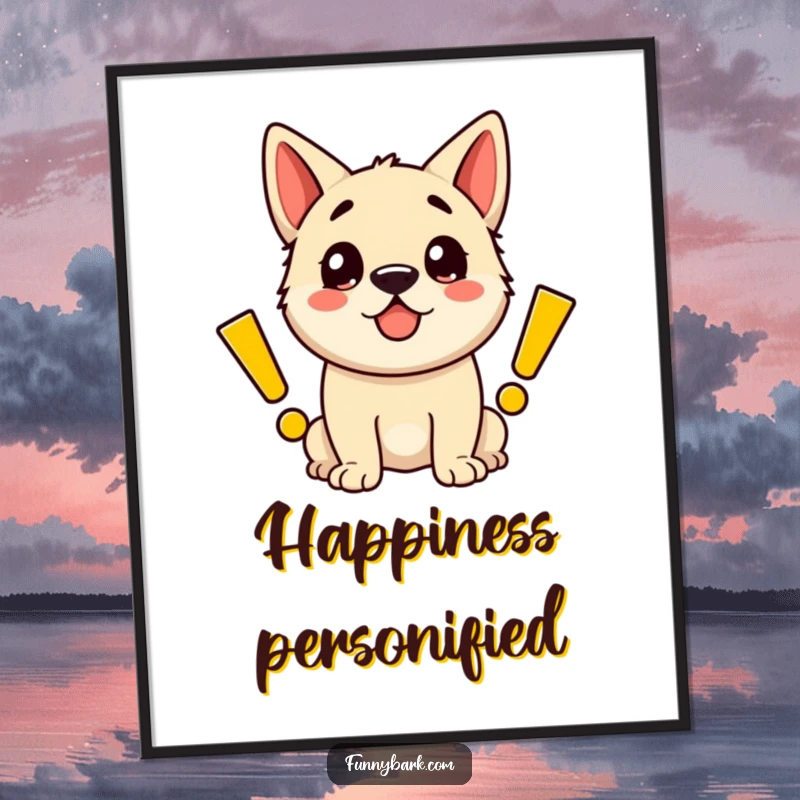 Funny digital art print of an ecstatic dog radiating happiness through large, bold, cartoon exclamation marks, symbolizing pure joy.