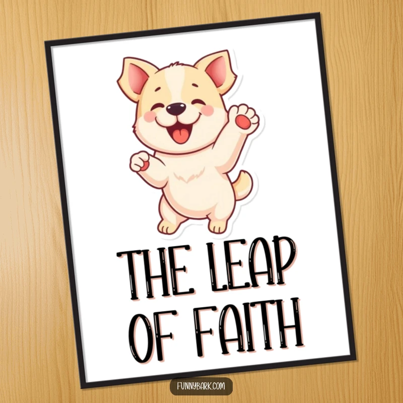 Funny digital art print: A playful dog mid-jump with a raised paw, symbolizing pure energy and fun, a lively funny gift.