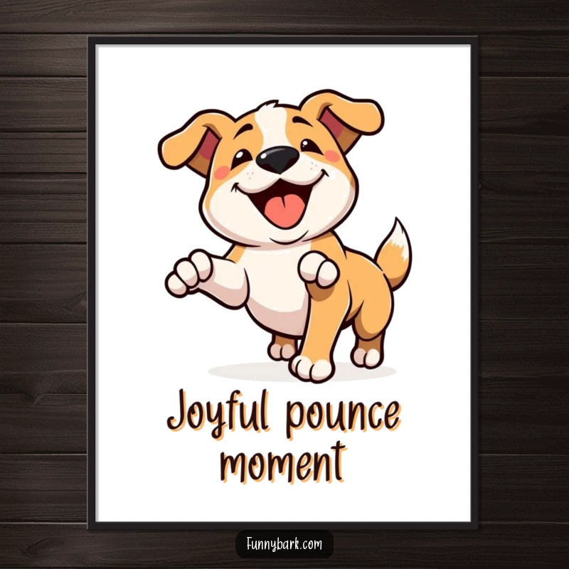 Funny digital art print of a dog character pouncing playfully, mid-happy bark, perfect for instantly uplifting and humorous home decor.