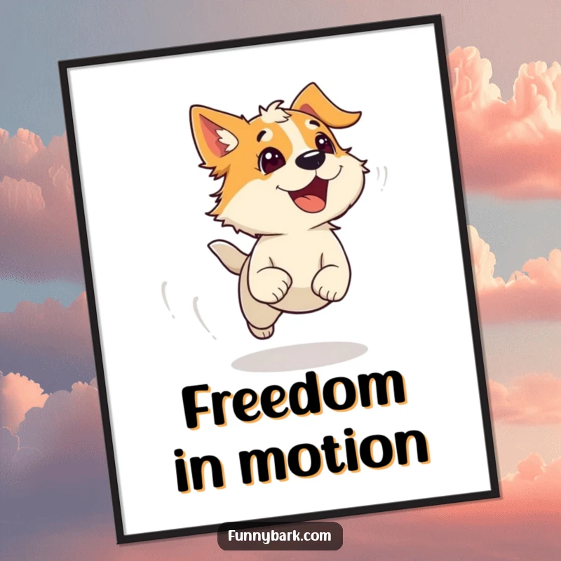 Funny digital art print of a dog running with wind-ruffled fur, mid-bark, perfect for instantly dynamic and humorous home decor.
