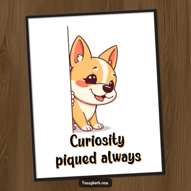 Funny digital art print of a dog peeking around a corner, one ear up, mid-stealthy bark, perfect for instant humorous decor.