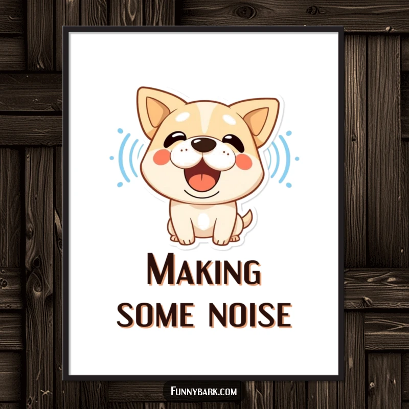 Funny digital art print, a stylized dog character barking loudly, its sound waves visible, humorous wall decor.