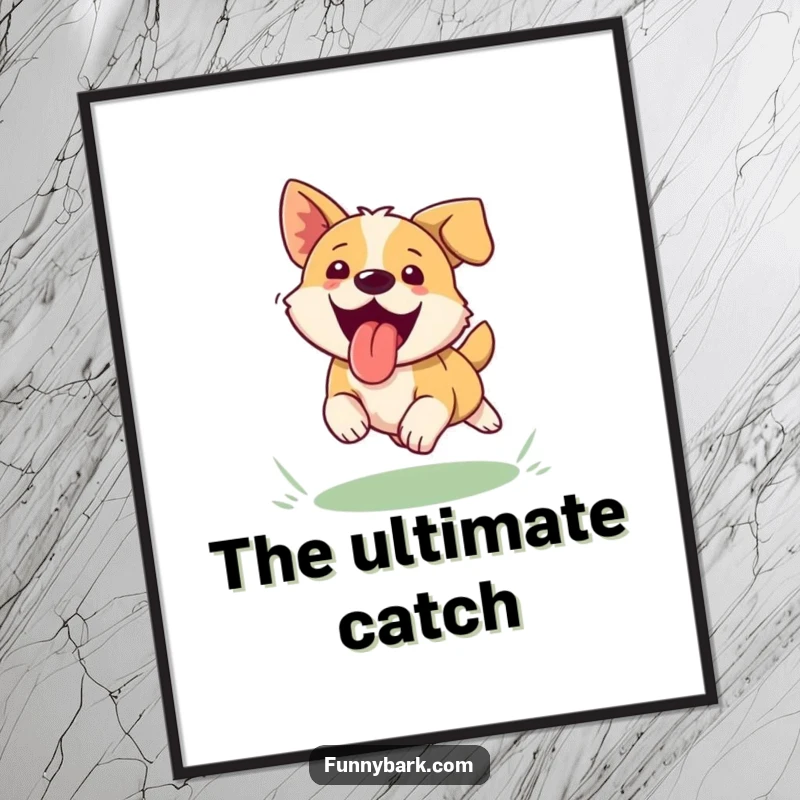 Funny dog digital art print, tongue out, mid-leap for a frisbee, energetic, playful, downloadable decor.