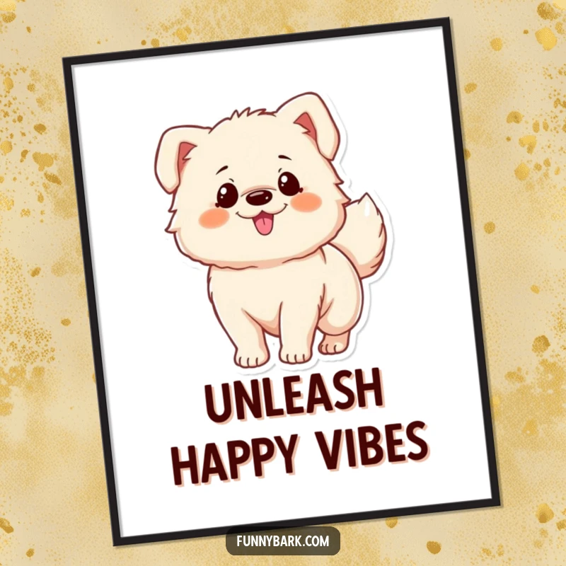 Funny digital art print: A fluffy dog character's tail wags furiously with unbridled excitement, a joyful and funny gift.