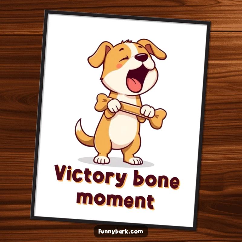 Funny digital art print of a dog standing on hind legs, holding a bone and barking loudly, perfect for instant humorous decor.