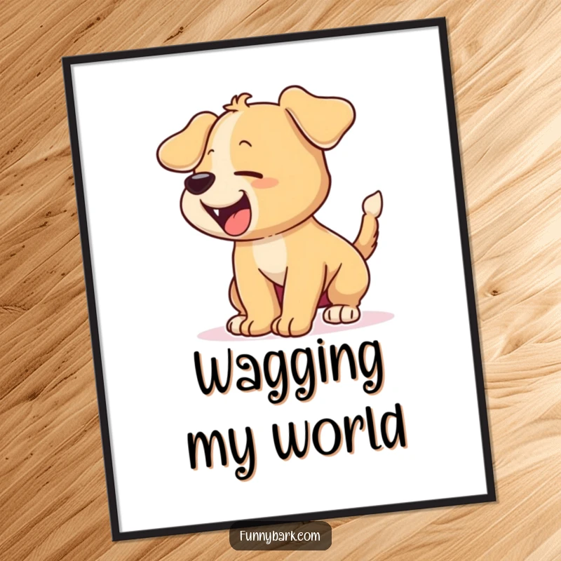 Funny digital art print of a cartoon puppy with its tail wagging furiously and barking excitedly, capturing a moment of pure canine happiness.