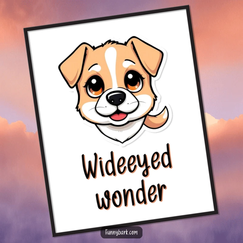 Funny digital art print: A stylized dog head with large, curious eyes and a happy, wagging tail, embodying inquisitive charm, a funny gift.