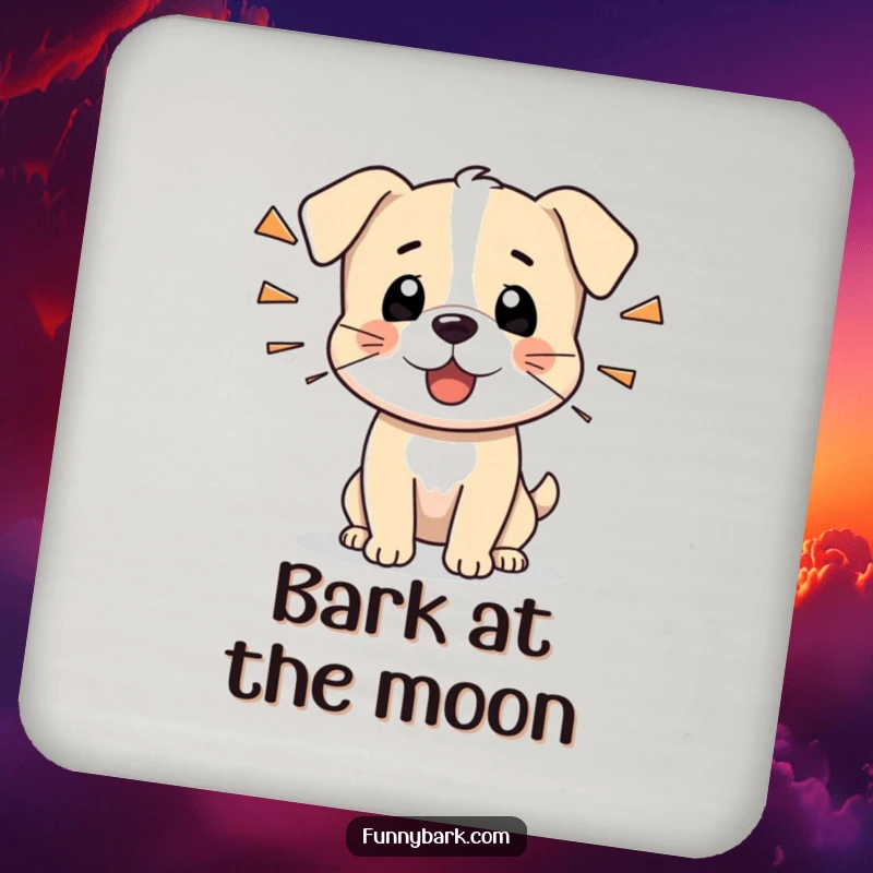 Funny drink coaster with a tiny dog character barking sharply, offering humorous protection and a touch of pet-loving style.