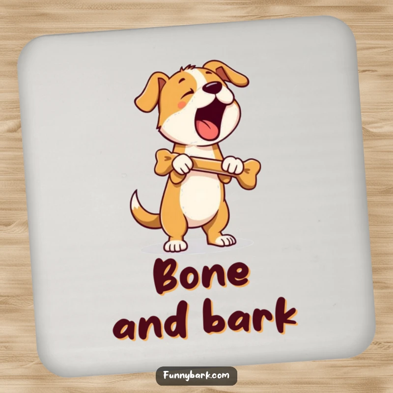 Funny drink coasters featuring a dog standing on hind legs, holding a bone, and barking; humorous and protective table accents.