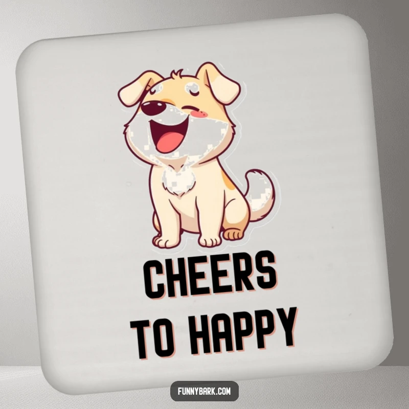 Funny drink coaster with a dog character barking ecstatically and wagging its tail, offering humorous protection and pure canine joy.