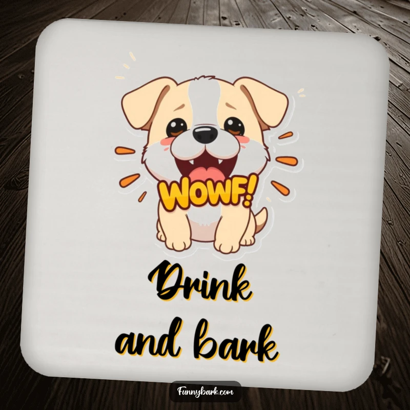 Funny coaster featuring a small dog with an open mouth, projecting a large 'Woof!' graphic, adding a humorous and practical touch.
