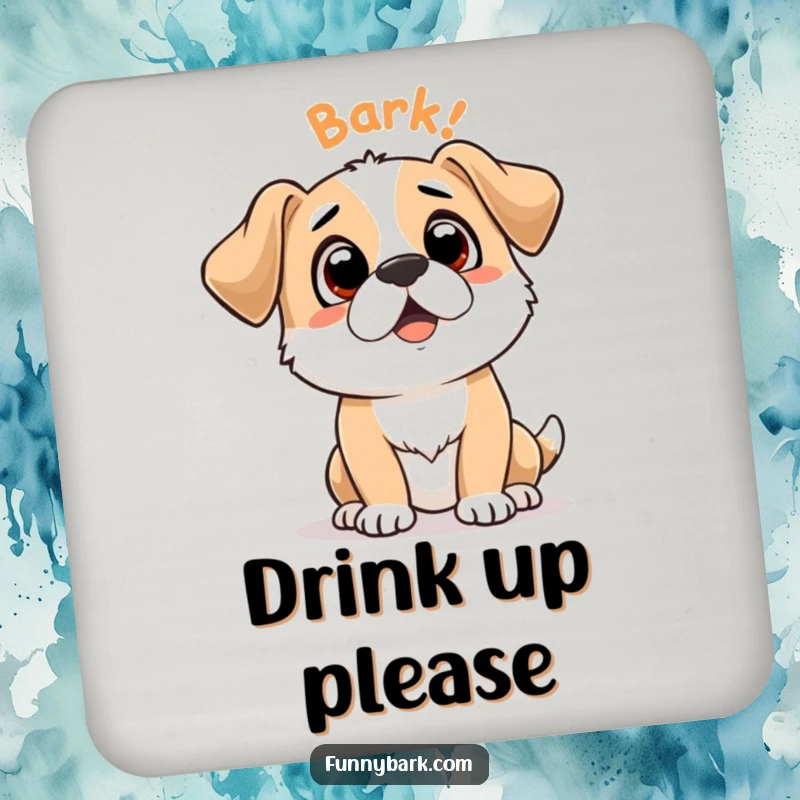 Funny set of coasters featuring an expectant dog character with 'Bark Bark' text, adding a humorous touch to any table setting.
